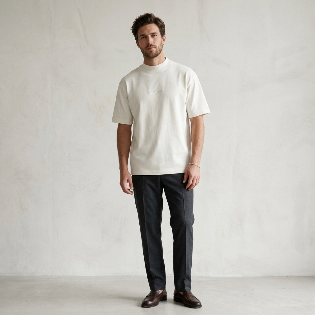 Model wearing signature mock-neck off-white heavyweight t-shirt