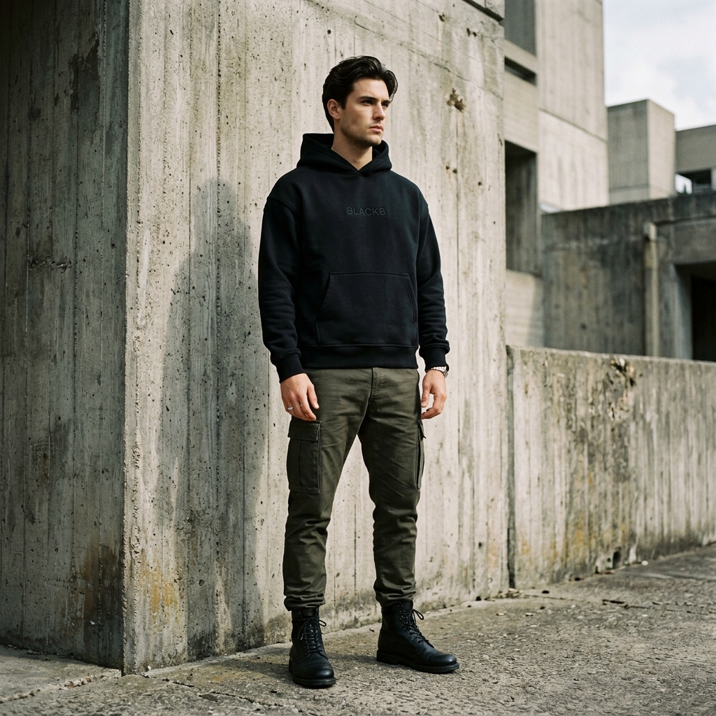Model wearing structured matte black hoodie and dark olive cargo pants