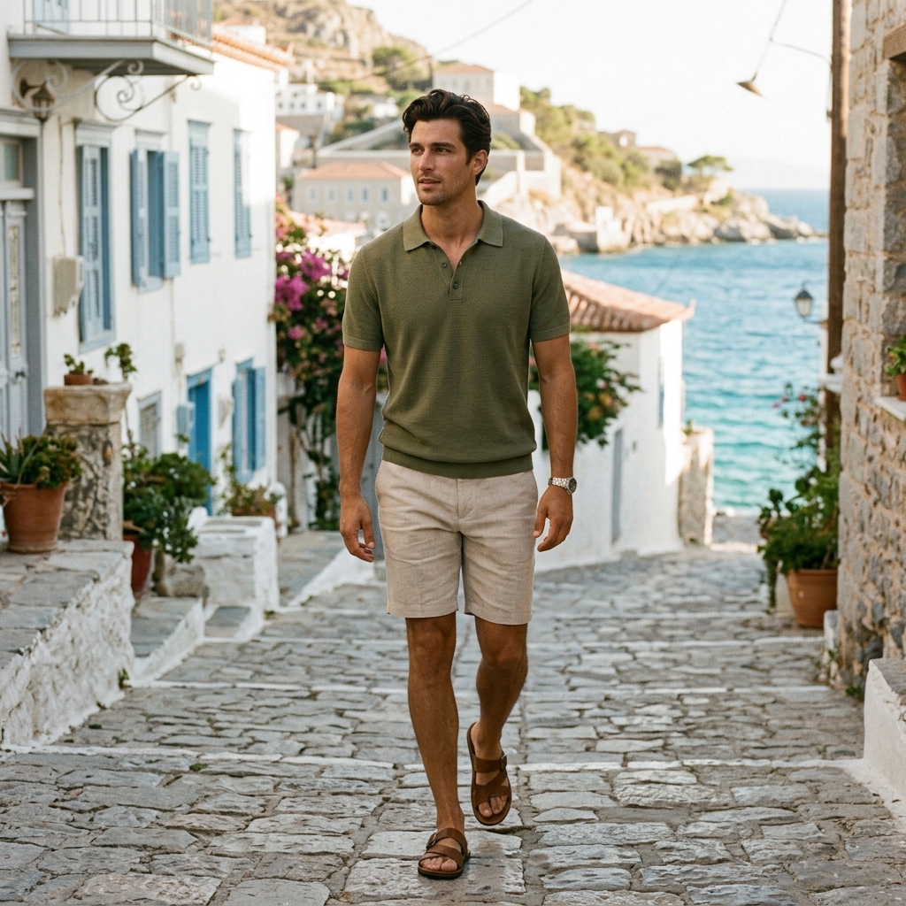 Model wearing olive green knit polo shirt and sand beige linen shorts