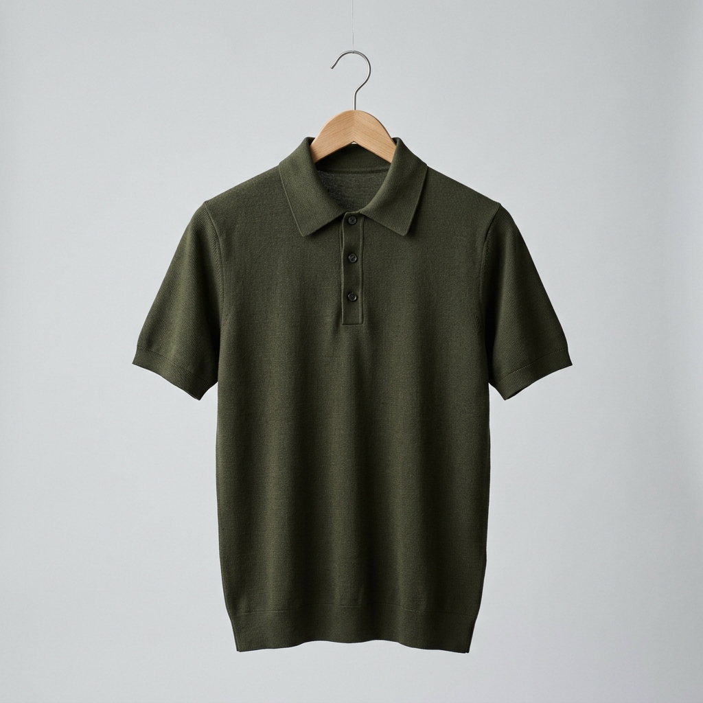 Olive polo close-up knit details